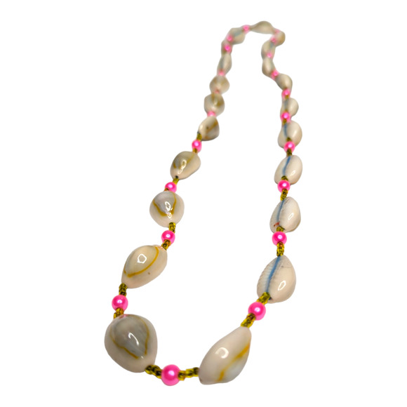 Hawaiian White & Blue Cowrie Sea Shell Necklace with Pink Faux Pearls Vtg - Picture 1 of 6